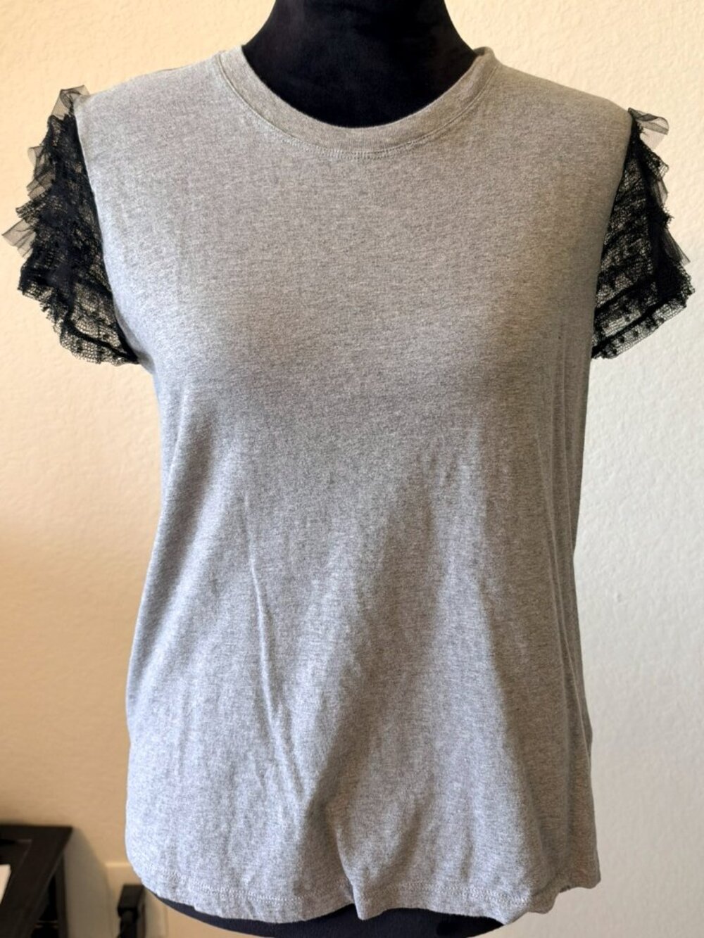 RED Valentino Gray and Black Ruffle Sleeve T-Shirt